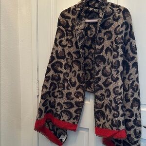 Super Soft Extra Large Brown & Black Leopard Print Wool Feel Wrap with Red Trims
